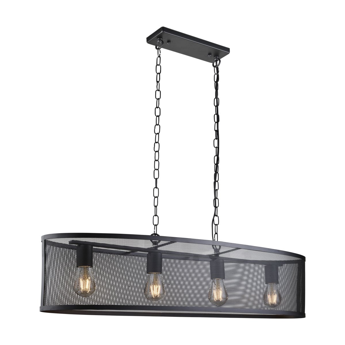 Fishnet 90cm Svart Taklampe Fra Searchlight - Denne imponerende Fishnet pendellampen i matt sort omslutter fire lyskilder i et vakkert og dekorativt svart nettbur.