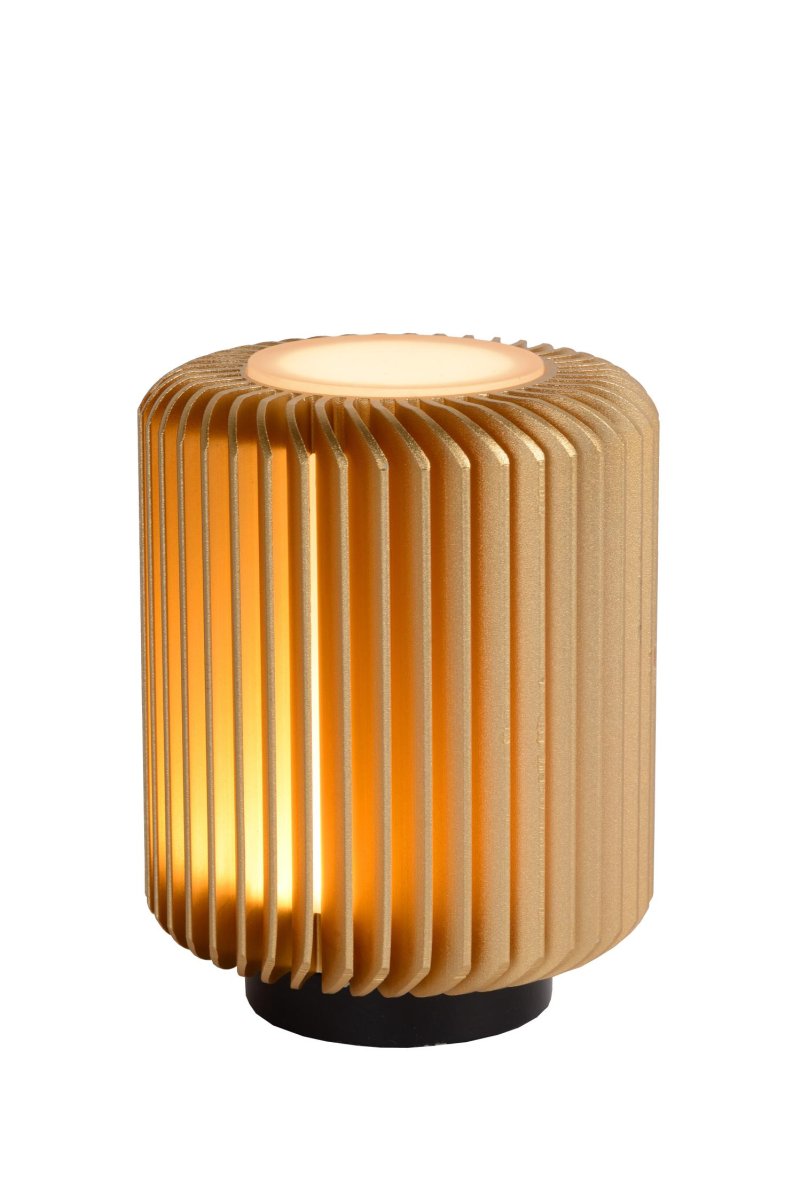 Turbin 14cm Matt gull/messing bordlampe Fra Lucide - Denne sjarmerende bordlampen er en moderne sylinder som er knapt 10 centimeter bred, lang og høy.
