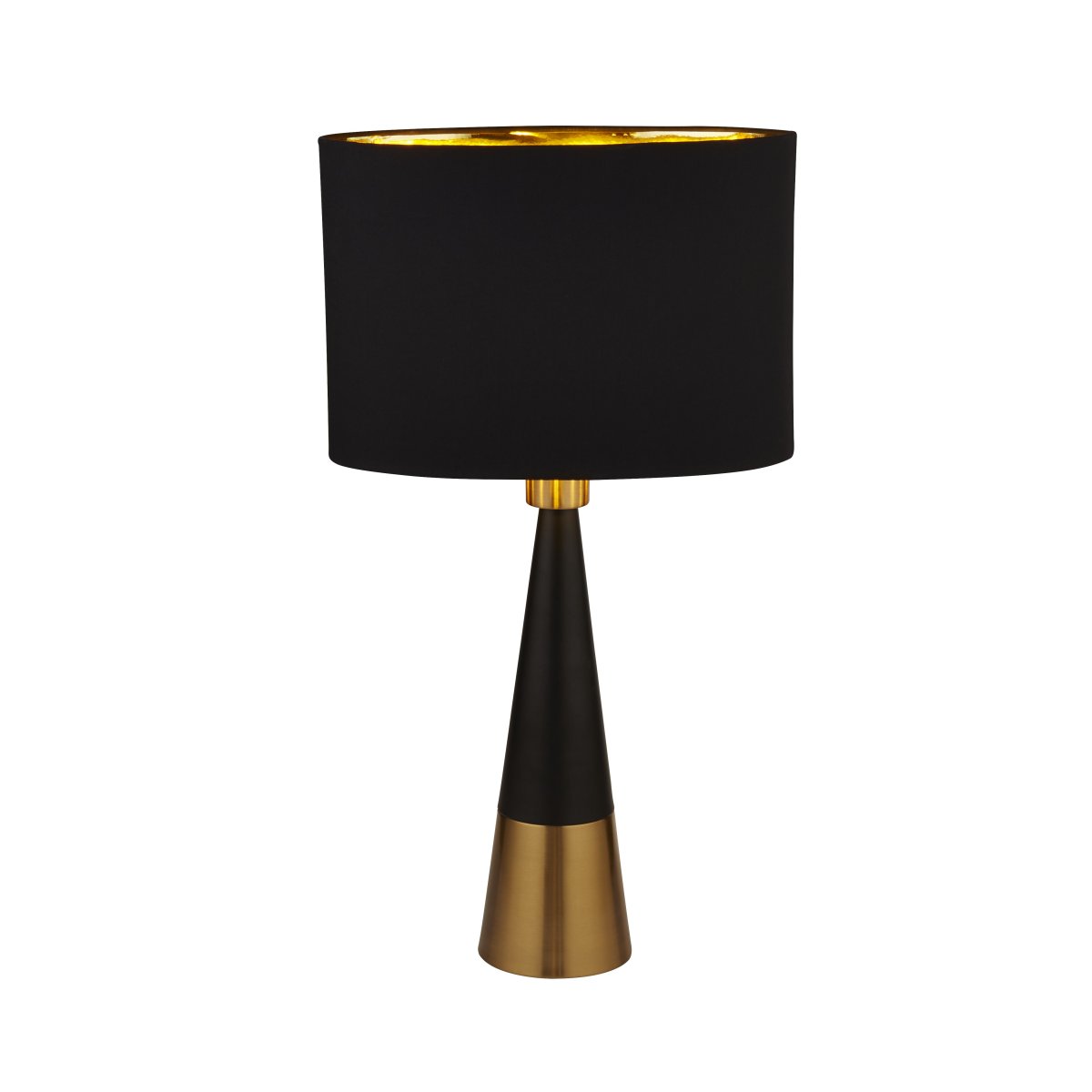 Chloe 40cm Matt svart bordlampe Fra Searchlight - Denne moderne bordlampen utstråler eleganse med sin koniske design og luksuriøse kombinasjon av svart og gull.