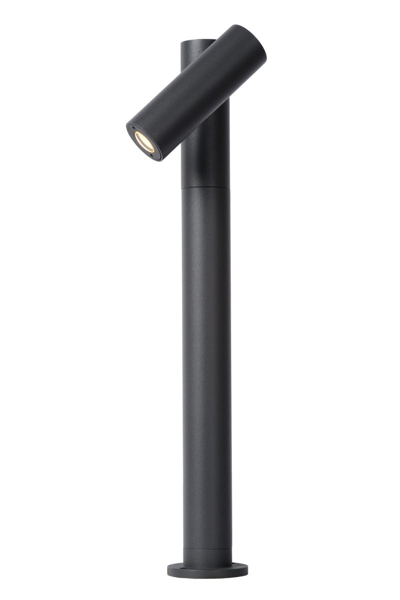 Tatum 43cm Antrasitt pullerter Fra Lucide - Designet skiller seg ut for sin enkelhet: en vertikal søyle med en vippbar arm som huser den integrerte LED-lyskilden.
