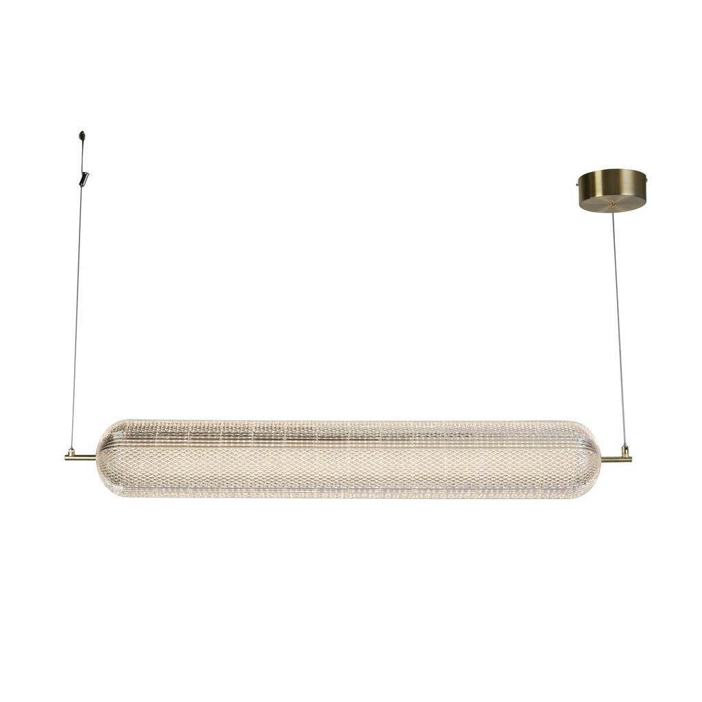 Capsule 108cm Messing Taklampe Fra Searchlight - Capsule er en elegant og moderne pendellampe med detaljer i satengmessing og en skjerm i akrylglass som sprer et mykt og behagelig lys.