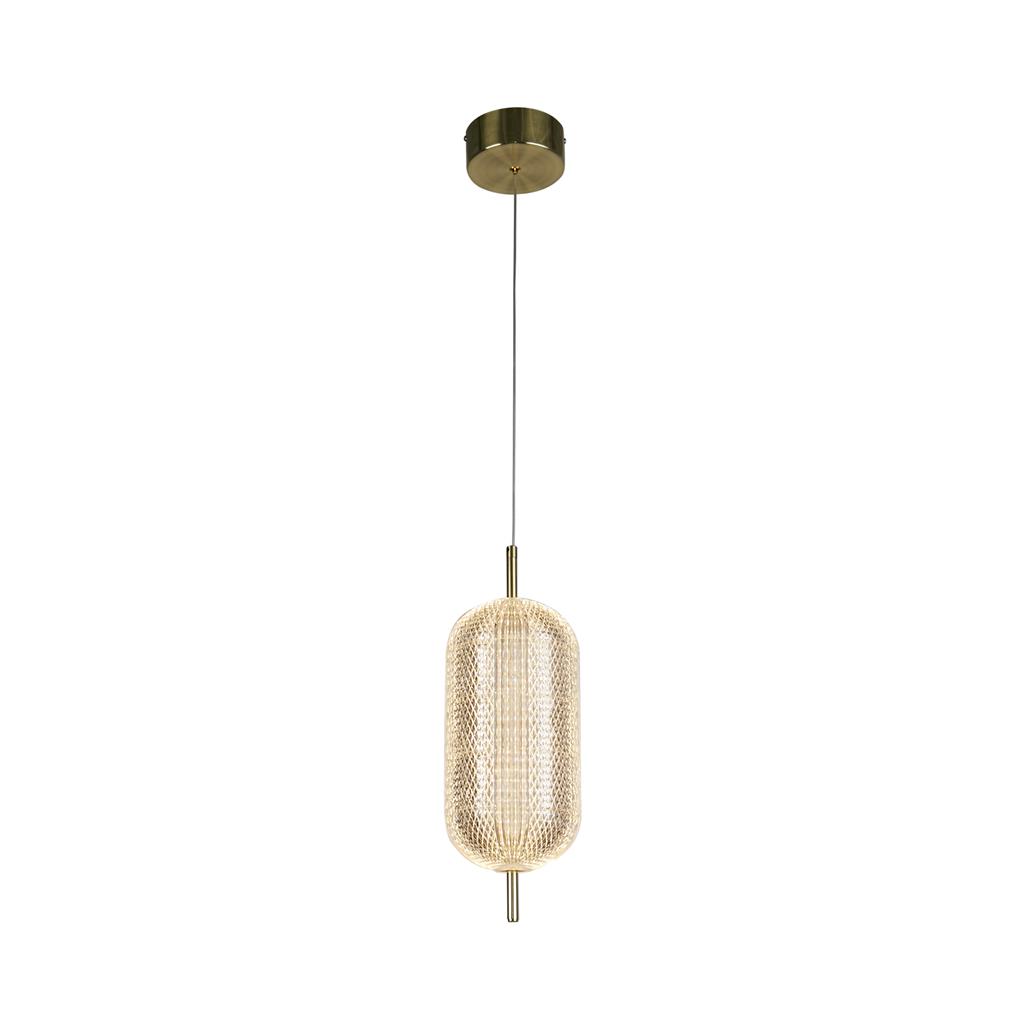 Capsule Ø15 Messing Taklampe Fra Searchlight - Capsule er en elegant og moderne pendellampe med detaljer i satengmessing og en skjerm i akrylglass som sprer et mykt og behagelig lys.