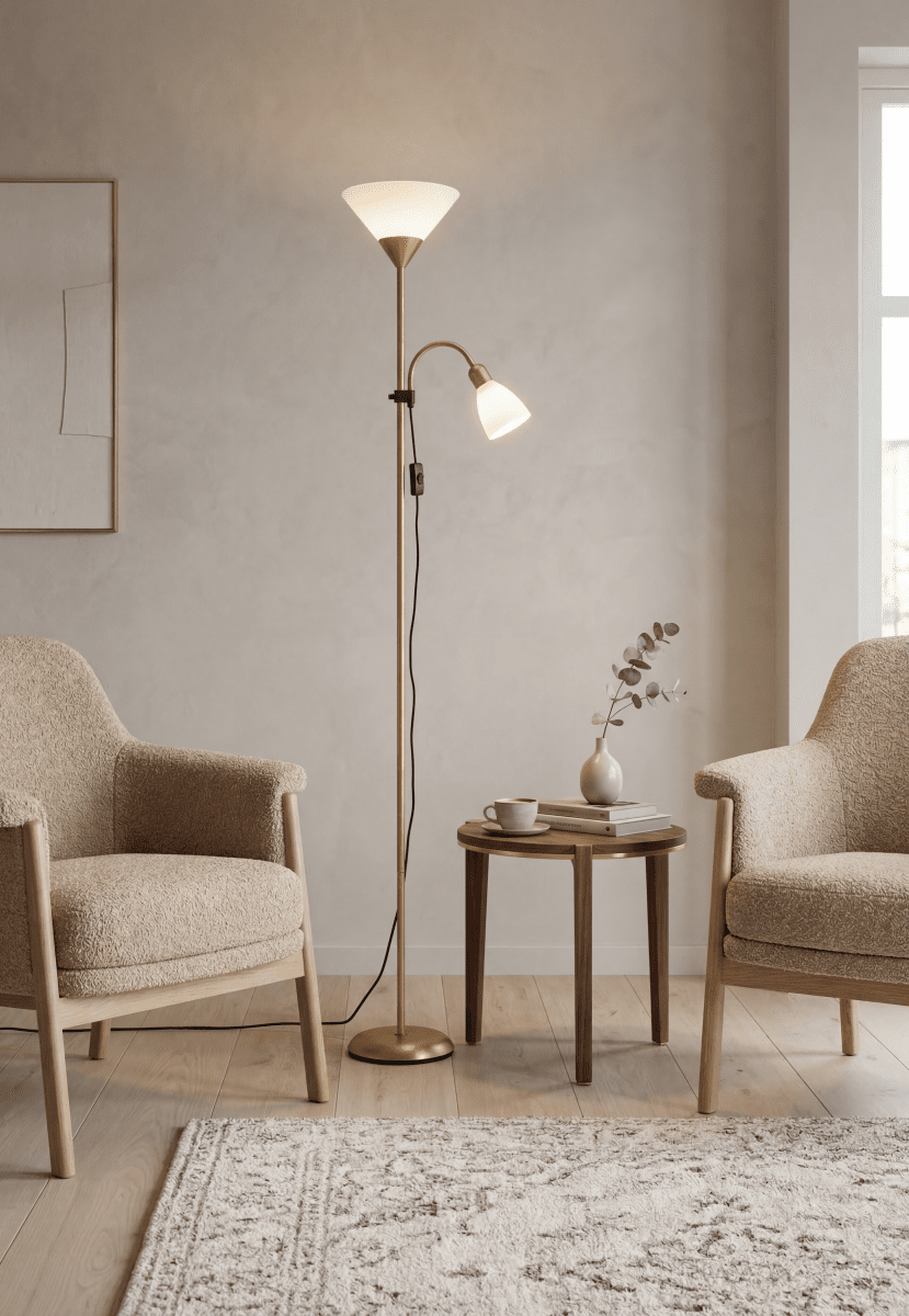 Vigo Messing gulvlampe Fra Aneta Lighting - Vigo gulvlampe er en praktisk og stilig kombinasjon av opplys og leselampe.