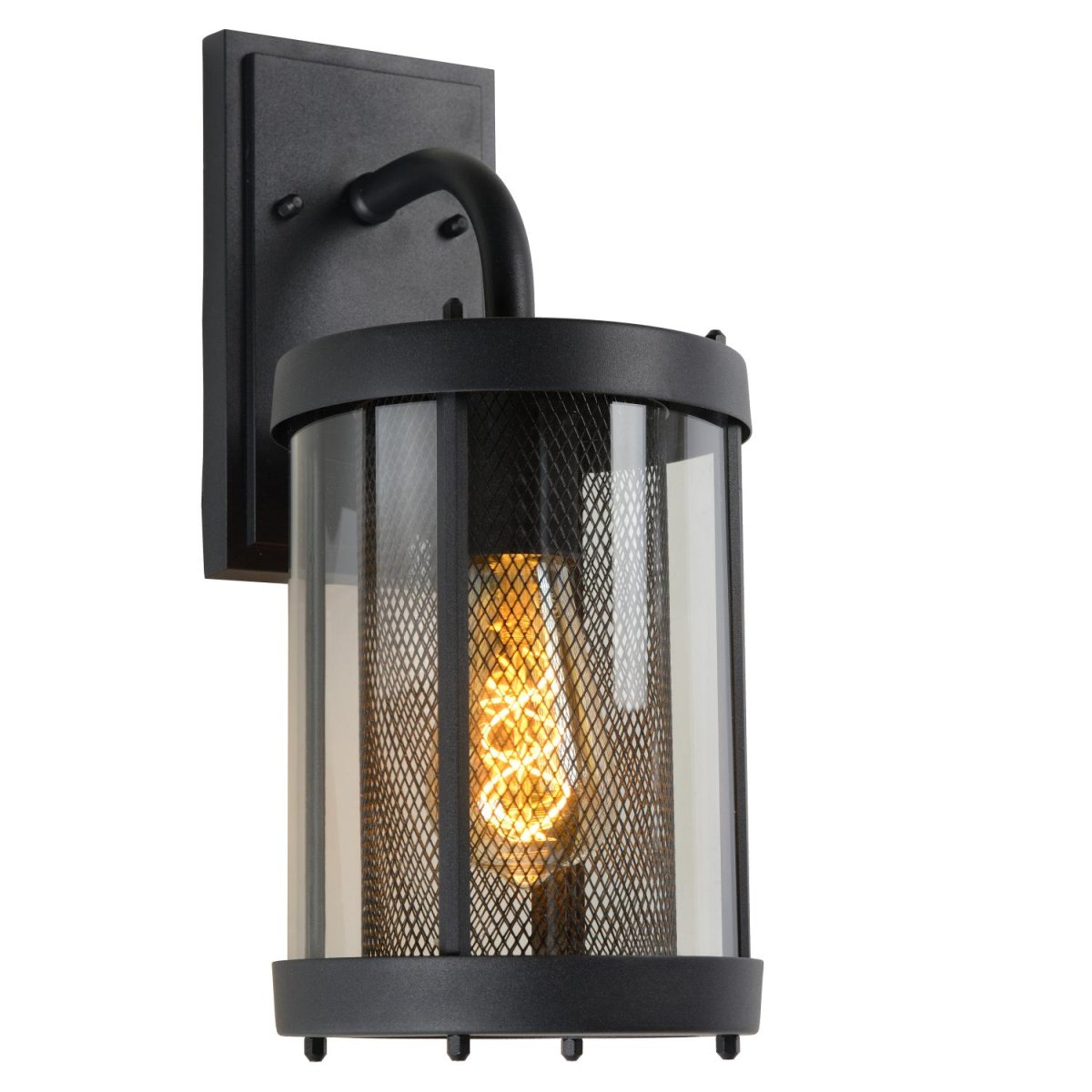 Makkum Svart utendørslampe Fra Lucide - Lampen er innelukket i et metallrør og omgitt av en glasslanterne, som skaper en naturlig og atmosfærisk lysspredning.