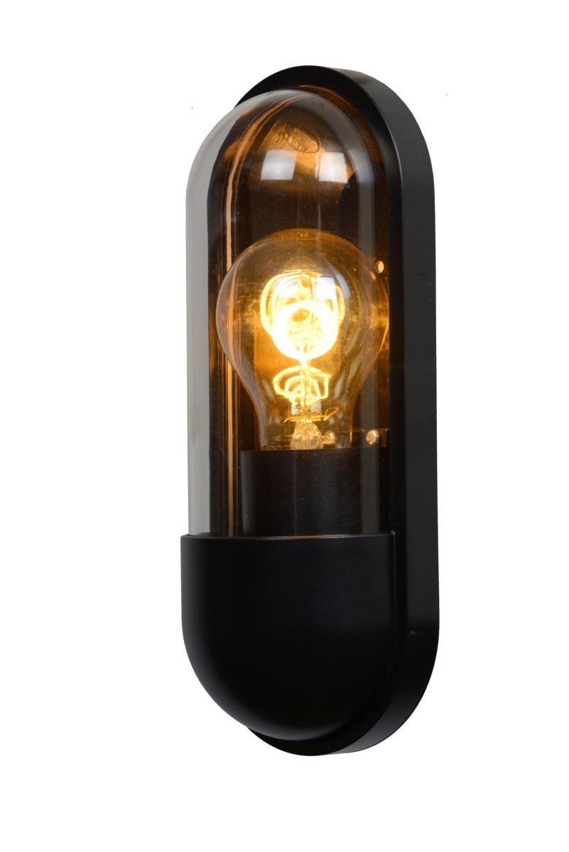 Capsule Svart utendørslampe Fra Lucide - Vegglampen er nesten 10 centimeter lang og 24 centimeter h&oslash;y og kan enkelt styres via en lysbryter.