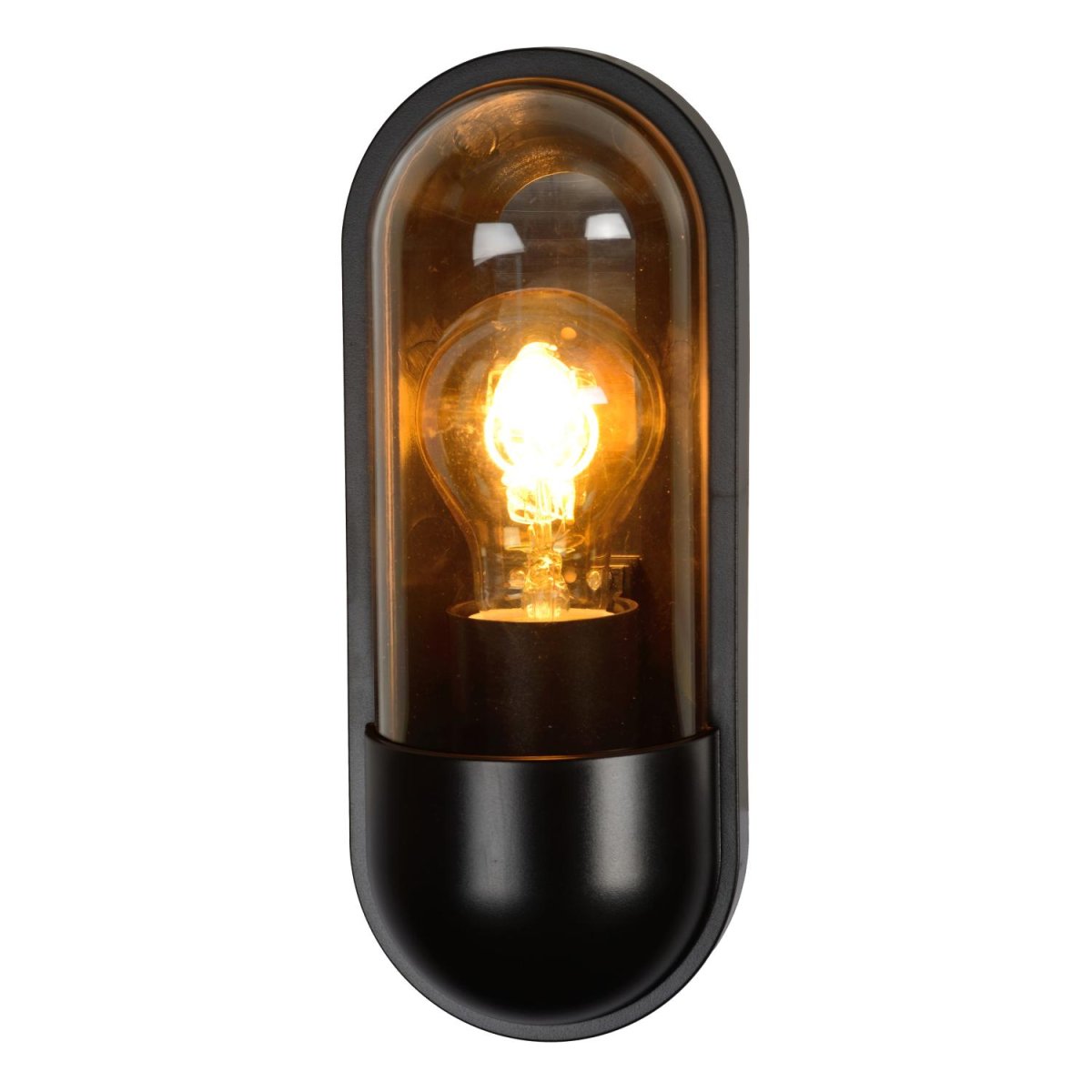 Capsule Svart utendørslampe Fra Lucide - Vegglampen er nesten 10 centimeter lang og 24 centimeter h&oslash;y og kan enkelt styres via en lysbryter.