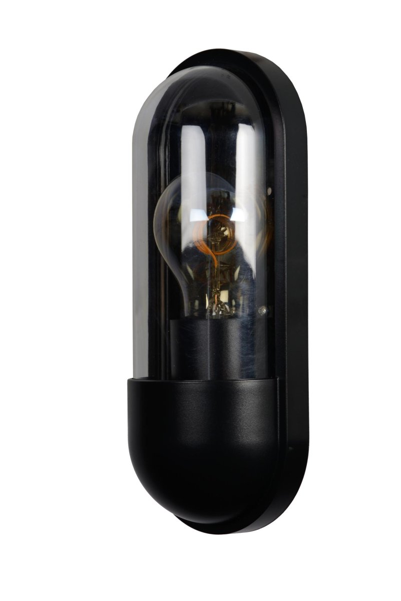 Capsule Svart utendørslampe Fra Lucide - Vegglampen er nesten 10 centimeter lang og 24 centimeter h&oslash;y og kan enkelt styres via en lysbryter.