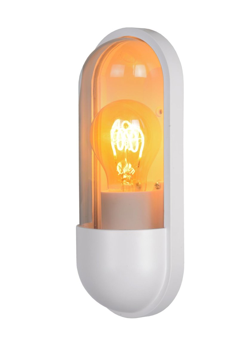 Capsule Hvit utendørslampe Fra Lucide - Vegglampen er nesten 10 centimeter lang og 24 centimeter h&oslash;y og kan enkelt styres via en lysbryter.