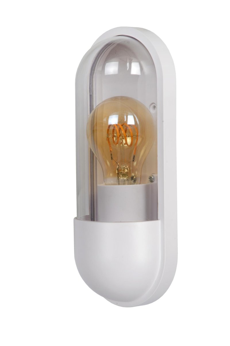 Capsule Hvit utendørslampe Fra Lucide - Vegglampen er nesten 10 centimeter lang og 24 centimeter h&oslash;y og kan enkelt styres via en lysbryter.