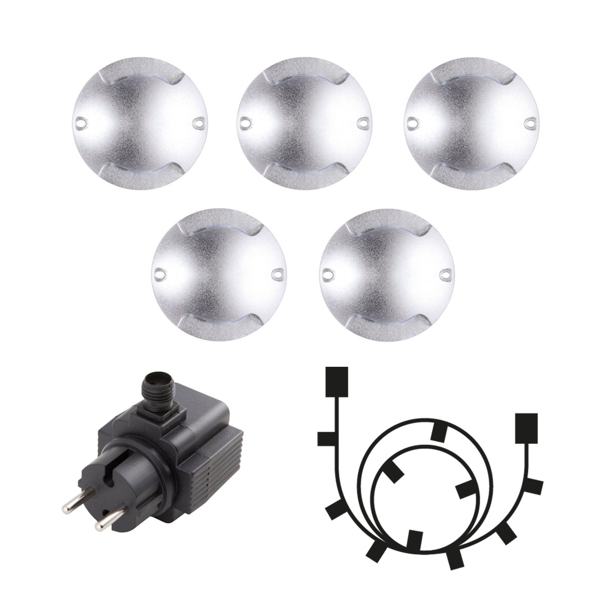 Zenit Duo 5 Sølv Fra Lightson - Pakken inneholder fem Zenit Duos, en transformator og en 10m grenkabel slik at du enkelt kan sette sammen alt.