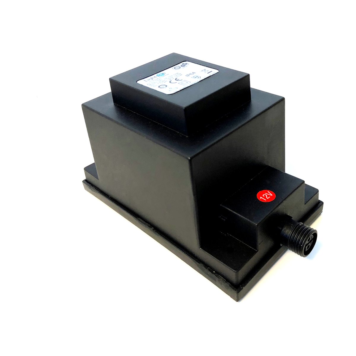 Transformator 105w Svart Fra Lightson - Transformatoren har en 12 volts hurtigkobling i den ene enden og en 2 meter lang ledning med støpsel i den andre, som du kobler til en vanlig stikkontakt.