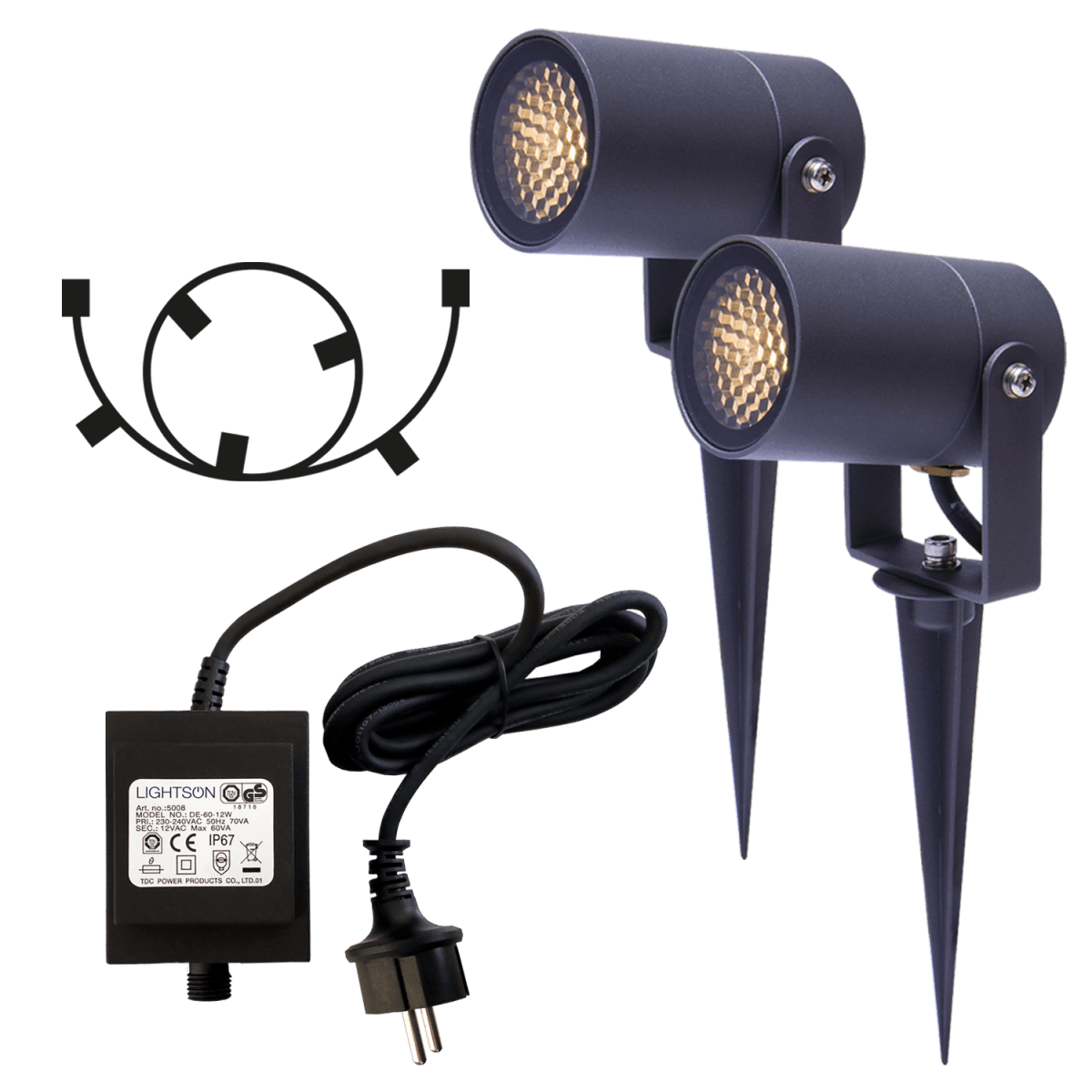 Luna Start Mørk grå Fra Lightson - Det ing&aring;r en st&ouml;rre transformator f&ouml;r att kunna bygga ut ditt system i framtiden, en 5m grenkabel och 2st m&ouml;rkgr&aring; Luna markspottar.