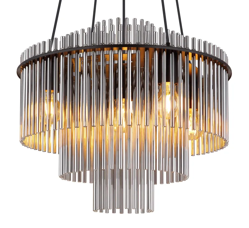 Gorley Ø50 Røykfarget Taklampe Fra Globo Lighting - Med sin runda form och sk&auml;rm av r&ouml;kf&auml;rgade glasstavar skapar den en sofistikerad ljusbild och en st&auml;mningsfull atmosf&auml;r.