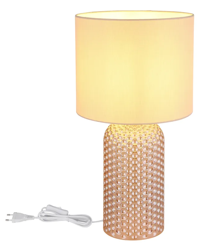 Sofia 50cm Champagne bordlampe Fra Globo Lighting - Bordslampan Sofia imponerar med sin eleganta kombination av en texturerad glaskropp och en cylindrisk textilsk&auml;rm i lyxig champagneton.