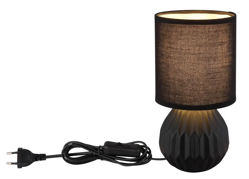 Sylas 23cm Svart bordlampe Fra Globo Lighting - Den rundade keramiska basen i elegant svart och den matchande cylindriska textilsk&auml;rmen skapar en harmonisk och modern estetik.