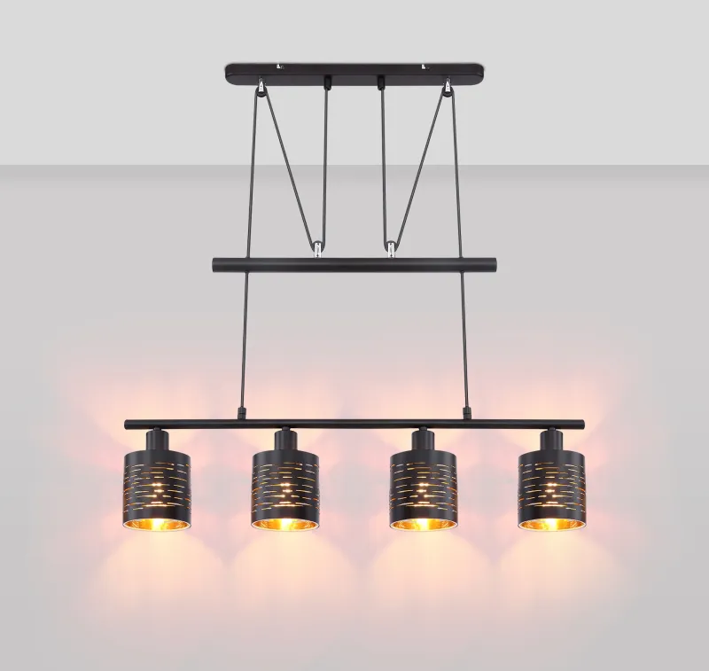 Tunno 70cm Svart Taklampe Fra Globo Lighting - Perfekt f&ouml;r k&ouml;k eller vardagsrum, d&auml;r dess dekorativa utsk&auml;rningar, form och guldf&auml;rgade insida skapar en varm och inbjudande atmosf&auml;r.