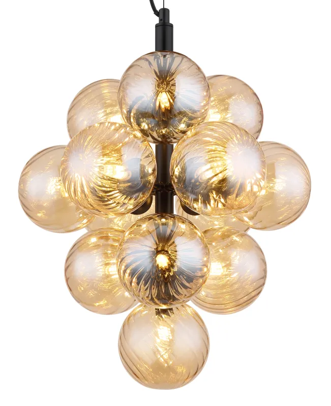 Conor Ø40 Rav Taklampe Fra Globo Lighting - Den har 13st dekorativa ambertonade glaskupor som alla omfamnar en ljusk&auml;lla vilket skapar en fin och harmonisk ljusspridning i rummet.