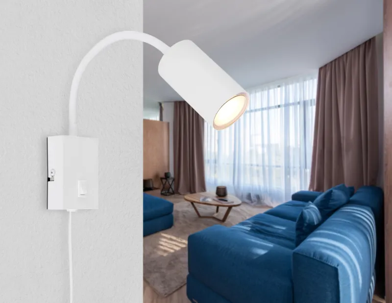 Robby Hvit leselampe Fra Globo Lighting - Robby &auml;r en klassisk, kompakt v&auml;gglampa tillverkad i plast och mattvit metall, vilket ger en stilren och modern look.