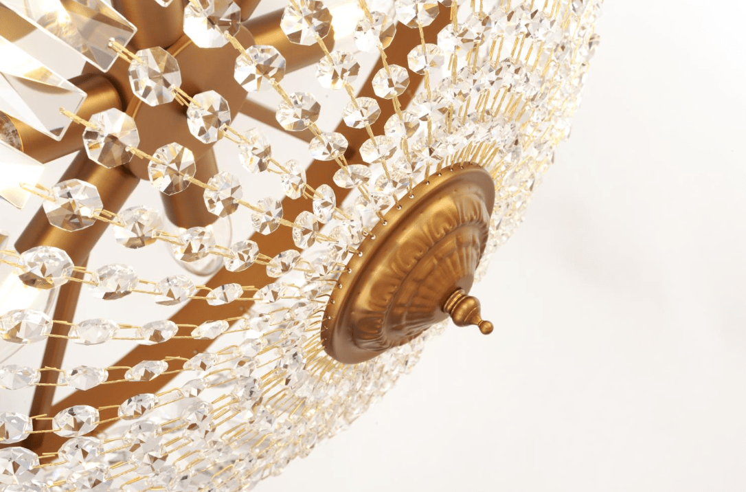 Rhea Ø50 Børstet messing krystall Fra Norrsken Design - Det gir rommet et luksuriøst og elegant uttrykk og skaper en sofistikert atmosfære.