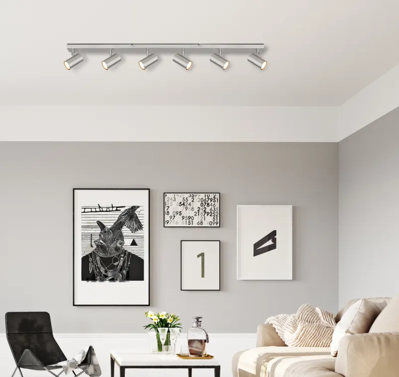 Robby 6 Nikkel spotlight Fra Globo Lighting - Robby &auml;r en stilren takspotlight som imponerar med sin enhetliga design i nickel.