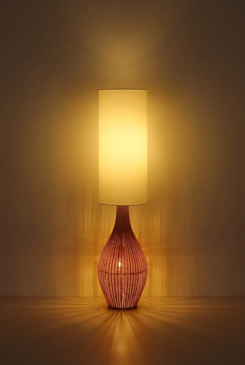 Anko Brun gulvlampe Fra Globo Lighting - Den rundade designen i plast med en dekorativ rottinglook ger en naturlig charm, medan den vita textilsk&auml;rmen sprider ett mjukt och behagligt ljus.