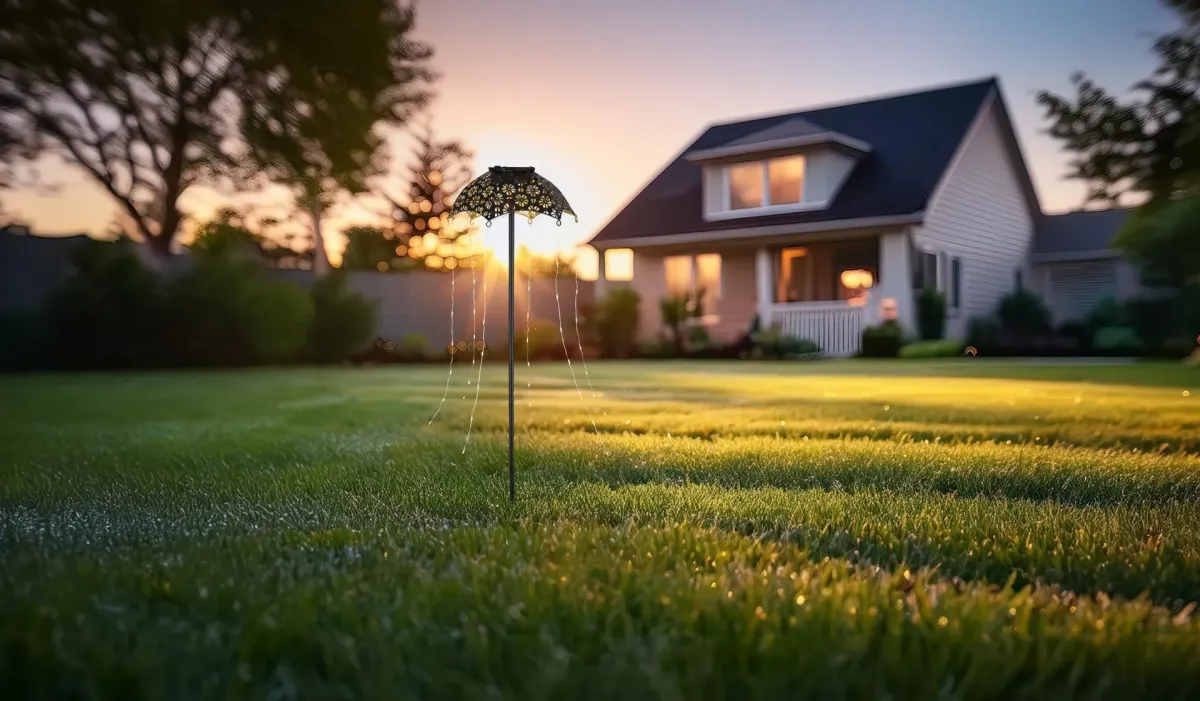 Umbrella Svart solcellelampe Fra Globo Lighting - Skapa en magisk st&auml;mning i tr&auml;dg&aring;rden med Umbrella, en unik solcellsbelysning med vackert utskuret m&ouml;nster och h&auml;ngande ljusslingor.