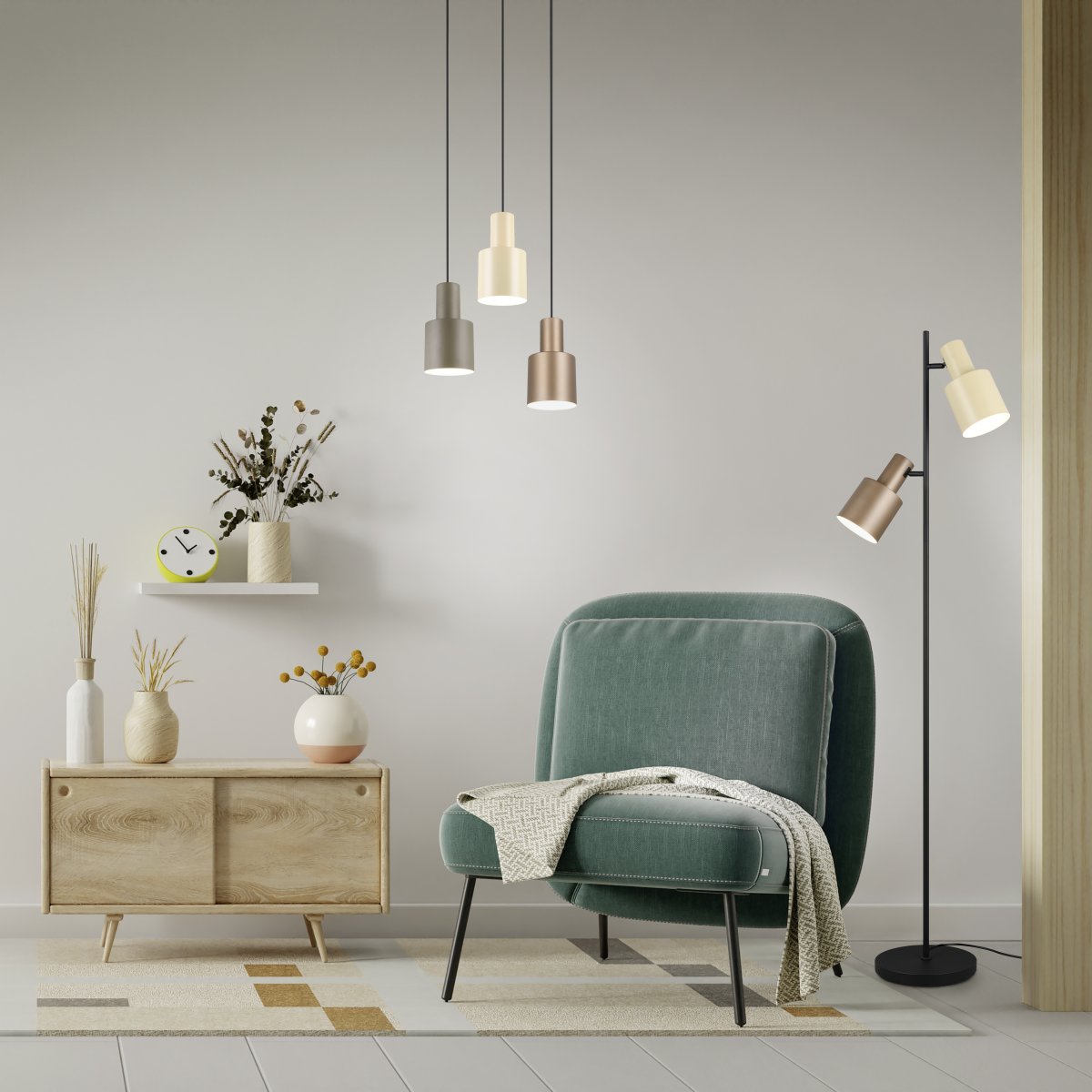 Agudo Brun gulvlampe Fra Trio Lighting - Med sine horisontalt justerbare lampeskjermer i harmoniske farger – kaffe og lysebrun – skaper den en varm og innbydende atmosfære i rommet.