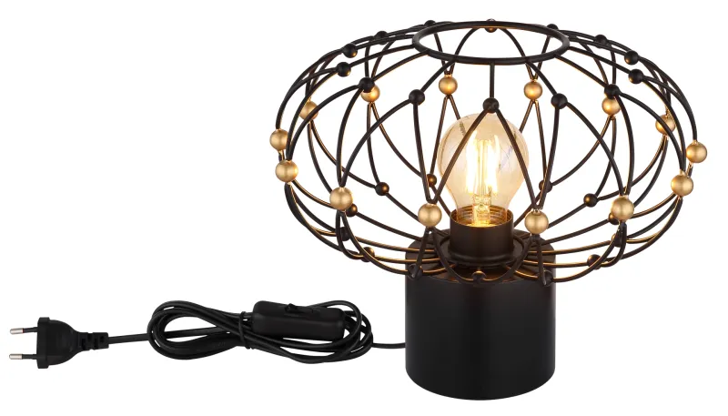 Greys 25cm Svart bordlampe Fra Globo Lighting - Den runda metallsk&auml;rmen i mattsvart med dekorativa guldf&auml;rgade detaljer ger lampan ett sofistikerat uttryck och blir ett stilfullt inslag i hemmet.