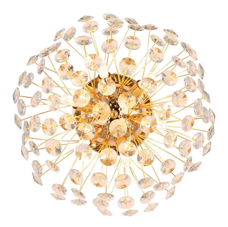 Katrina Ø40 Gull vegglampe Fra Globo Lighting - Den runda stommen i guldf&auml;rgad metall och den halvsf&auml;riska sk&auml;rmen i klara K9-kristaller skapar en lyxig och inbjudande atmosf&auml;r.