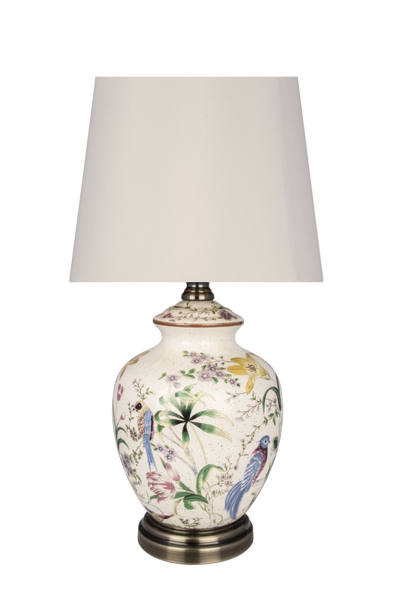 Eden 45cm Flerfarget bordlampe Fra Globen Lighting - Den flerfargede keramiske lampefoten leveres med en beige tekstilskjerm med en glans som minner om silke.