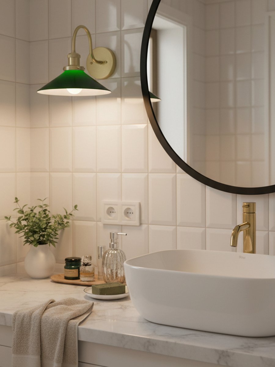 August 38cm Messing/grønn baderomslampe Fra PR Home - Denne skomakerlampen er spesialdesignet for baderom og har en elegant glassskjerm p&aring; 25 cm i diameter, som sprer lyset mykt og jevnt.