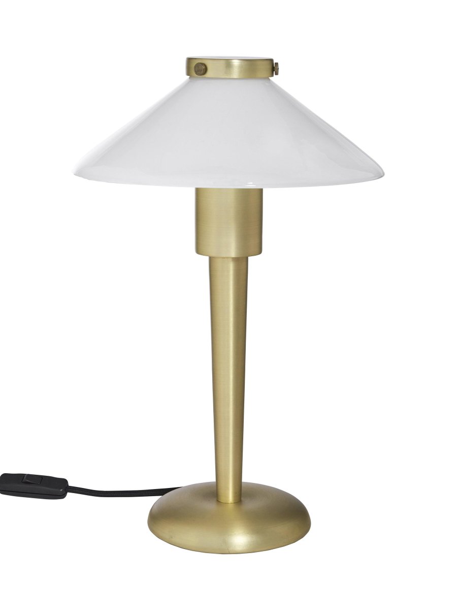 August 34cm Messing bordlampe Fra PR Home - Lampeskjermen er laget av glass og skrus fast; plasser ved hjelp av en metallhette i samme finish som foten.