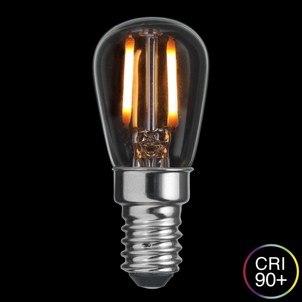 E14 Pærepære 2,2W 2700K dimbar Gjennomsiktig Fra Unison - Lampen er dimbar og har en fargegjengivelsesindeks (CRI) p&aring; &ouml;ver 90, noe som betyr at den gir en meget god og naturlig fargegjengivelse i rommet.