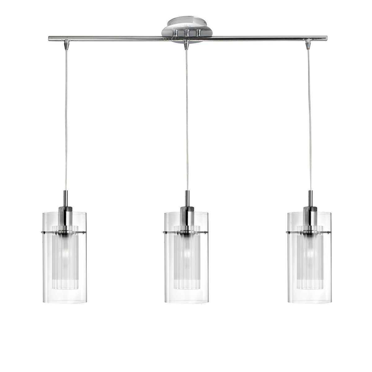 Duo 70cm Krom Taklampe Fra Searchlight - Duo pendellampe i krom med 3 doble sylinderformede glassskjermer gir et moderne og stilig inntrykk på kjøkkenet eller i spisestuen, perfekt over kjøkken- eller spisebordet.