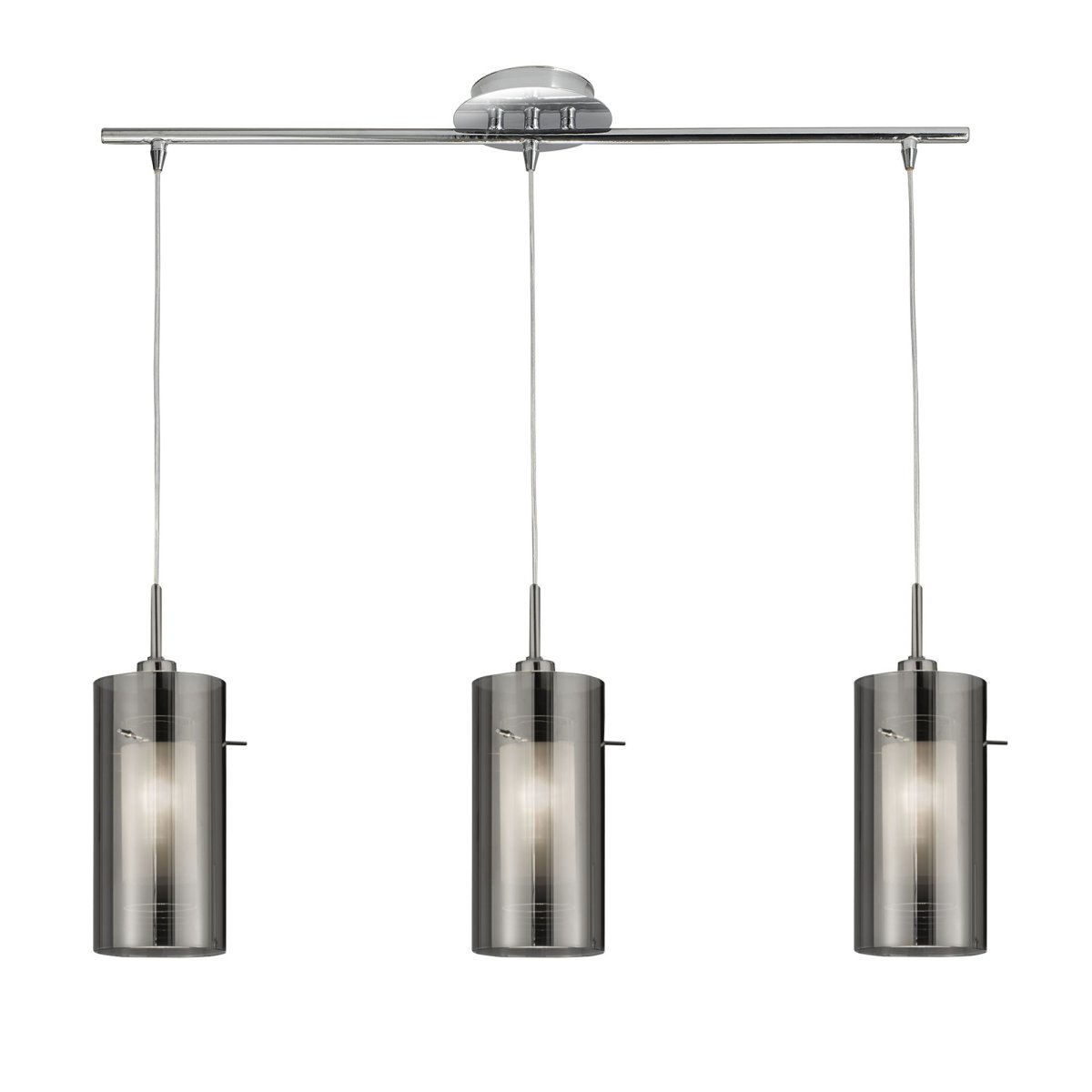 Duo 70cm Sølv Taklampe Fra Searchlight - Duo-pendellampe i satengsølvfinish med tre doble sylinderglassskjermer gir et moderne og stilig inntrykk på kjøkkenet eller i spisestuen, perfekt plassert over kjøkken- eller spisebordet.