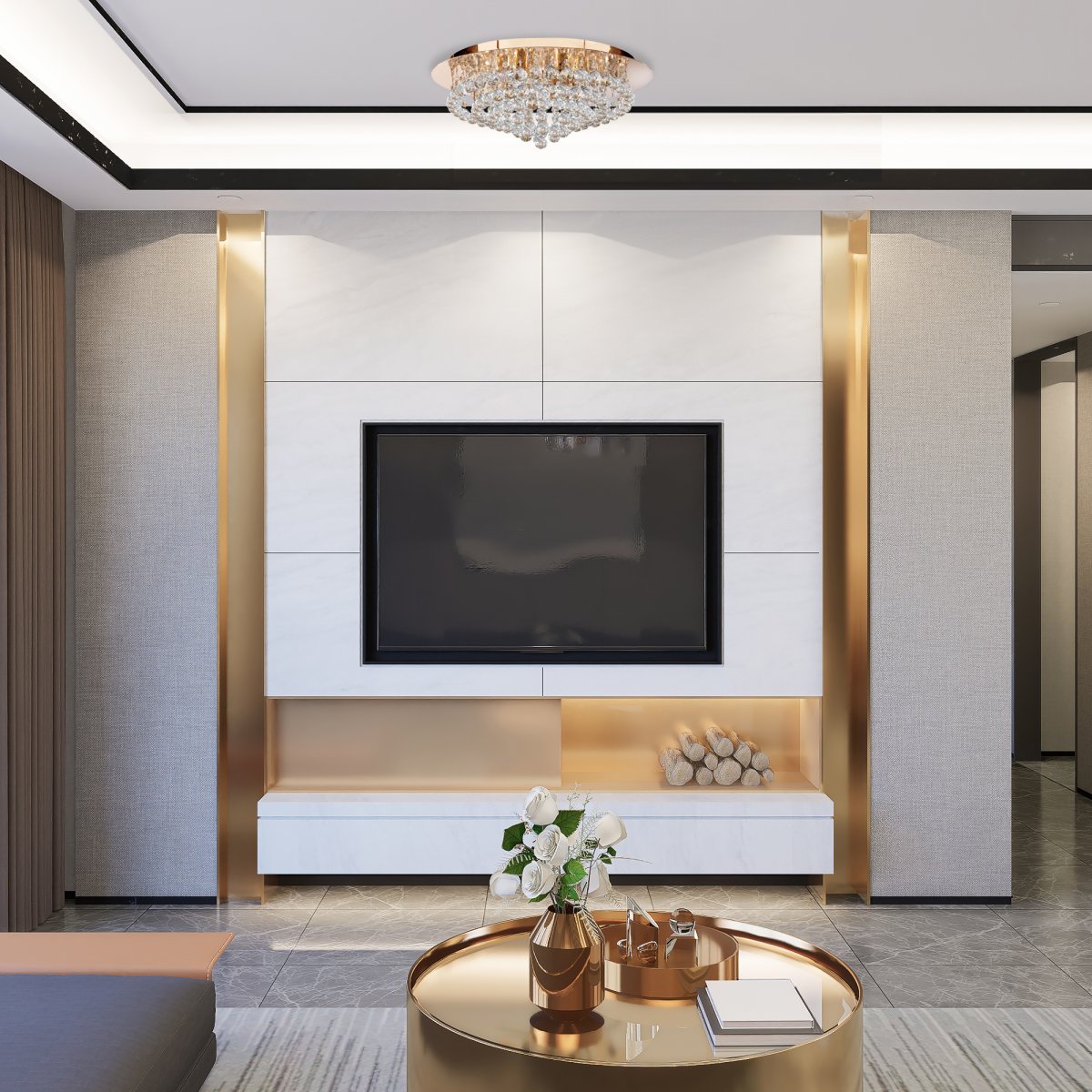 Hanna Ø55 Gull plafond Fra Searchlight - Den elegante gylne finishen sammen med en gullspeilbakplate fullfører utseendet til denne store, moderne lysekronen.