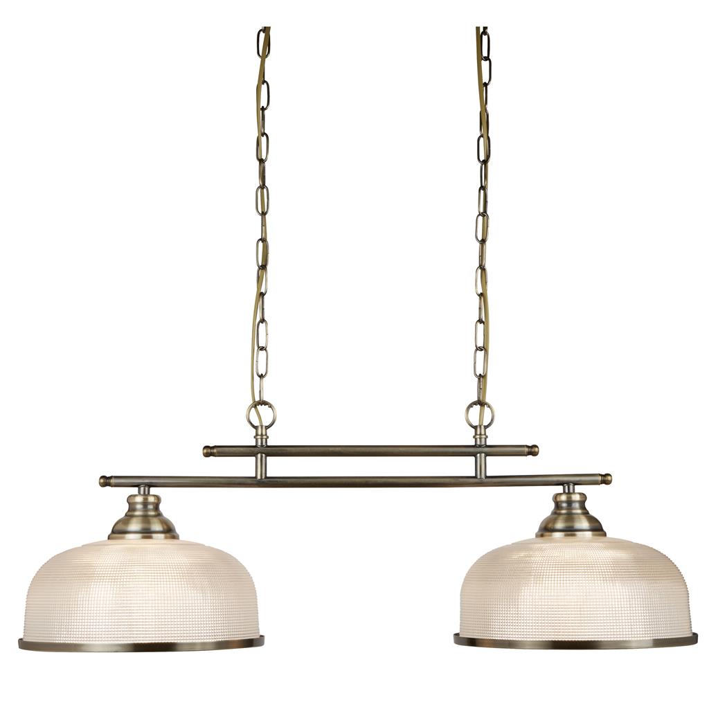 Bistro 75cm Antikk messing Taklampe Fra Searchlight - Den kan heves og senkes, noe som gjør den ideell for å henges lavt over et kjøkken- eller spisebord for å skape en varm og innbydende glød.