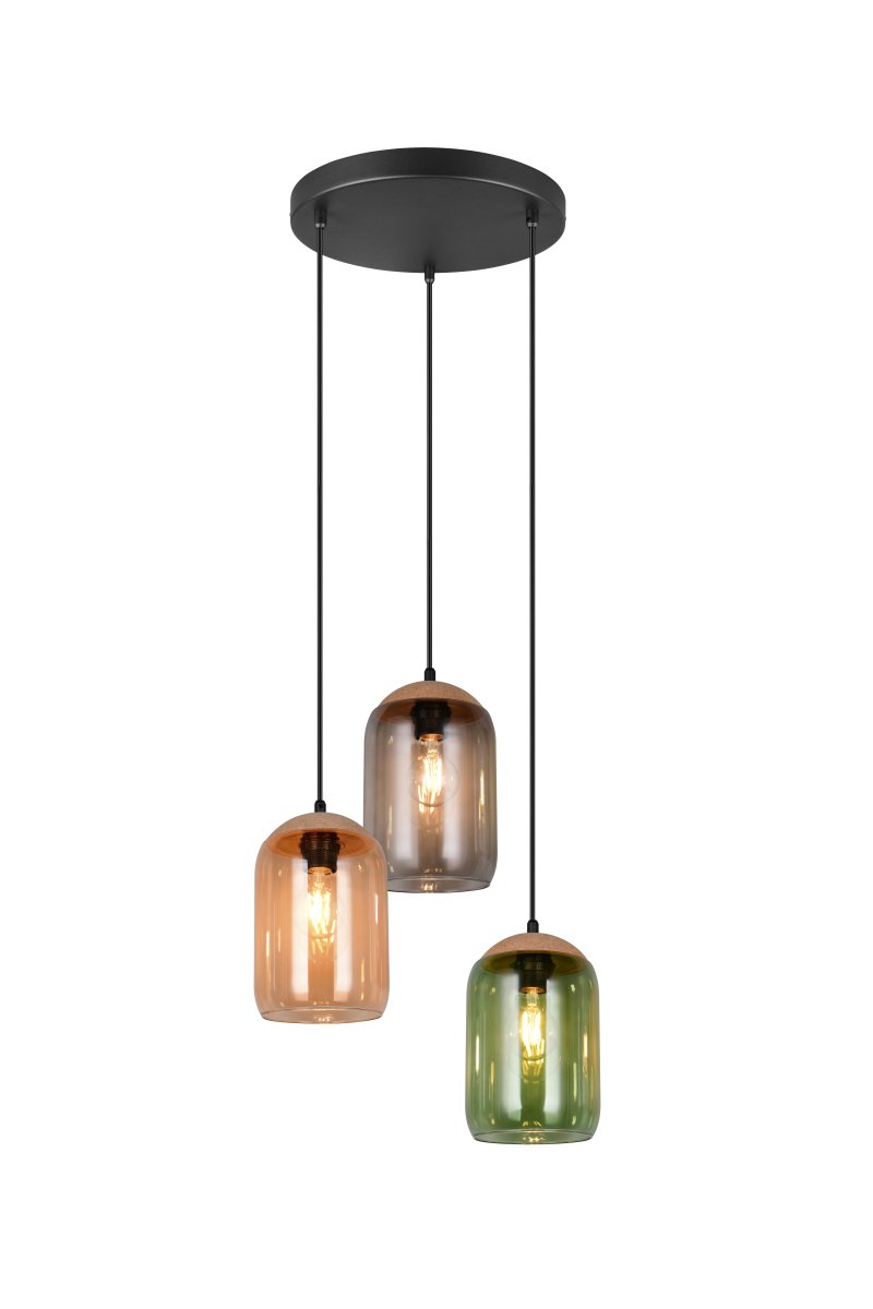 Cork Ø30 Flerfarget Taklampe Fra Trio Lighting - Materialblandingen av kork, glass og metall fremhever en balanse mellom moderne design og naturens skj&oslash;nnhet &ndash; perfekt for &aring; skape et rolig og atmosf&aelig;risk milj&oslash;.