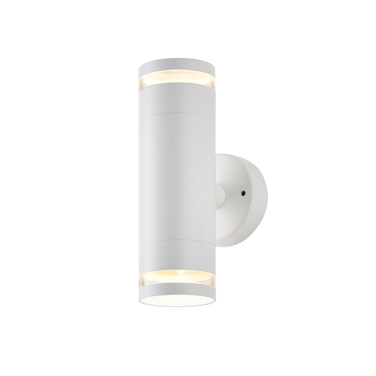 Cylinder Duo Hvit utendørslampe Fra Lampan - Lampan lyser fint b&aring;de upp och ner p&aring; v&auml;ggen.
