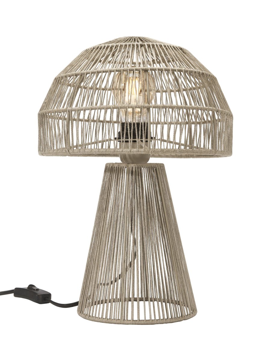 Porcini 37cm Beige bordlampe Fra PR Home - Porcini bordlampe er en h&aring;ndlaget lampe laget av en metallramme som er pakket inn i skinnende garn for h&aring;nd og filtrerer lyset fint gjennom tr&aring;dene.