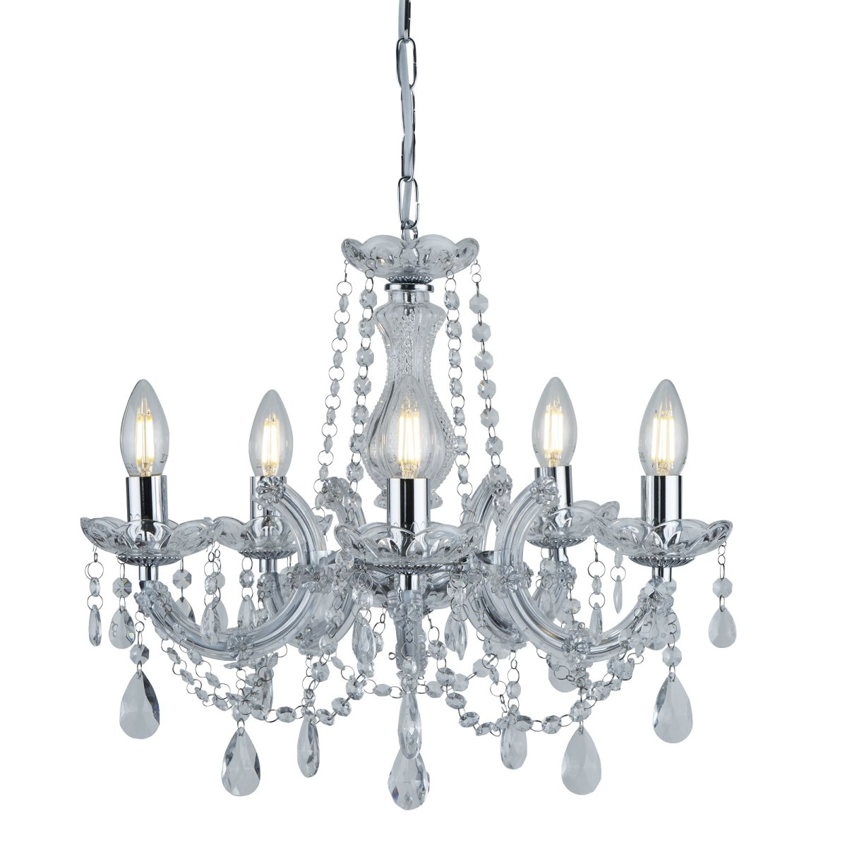 Marie Therese Ø48 Krom Taklampe Fra Searchlight - Det tradisjonelle designet med en moderne vri er luksuriøst dekorert med akryldråper, vridde armer og glassdetaljer som skaper et glamorøst fokuspunkt i ethvert interiør.