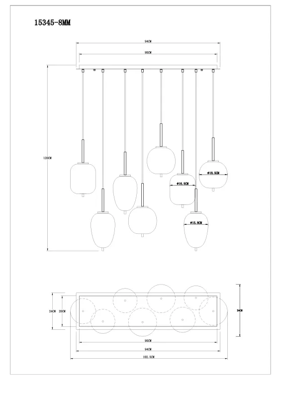 Blacky 102cm Messing Taklampe Fra Globo Lighting - Den 102,5 cm l&aring;nga pendellampan har en rektangul&auml;r m&auml;ssingsf&auml;rgad metallplatta, fr&aring;n denna h&auml;nger &aring;tta svarta kablar med runda, r&ouml;kf&auml;rgade glasglober i olika former.