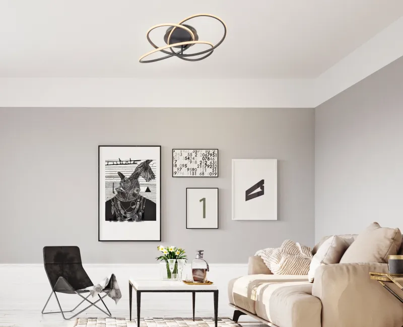 Panda Ø60 Svart plafond Fra Globo Lighting - Den har en fast installerad LED-panel som avger ett varmvit ljus och skapar en behaglig och inbjudande atmosf&auml;r i rummet.