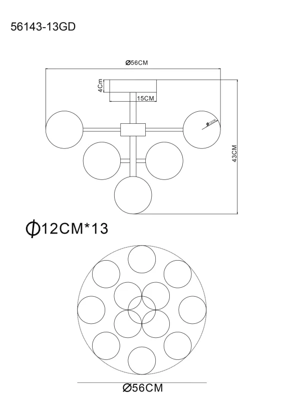 Grappy Ø56 Gull plafond Fra Globo Lighting - Grappy plafond i guldf&auml;rgad metall blir en stilfull och lyxig detalj i varje rum med sin glamor&ouml;sa design och de 13st opalf&auml;rgade glaskulorna.