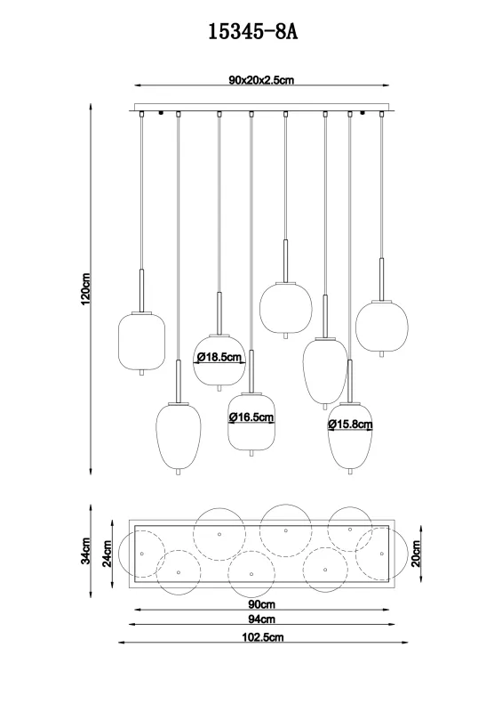 Blacky 102cm Rav Taklampe Fra Globo Lighting - De &aring;tta r&ouml;k- och amberf&auml;rgade glasgloberna i olika former h&auml;nger fr&aring;n en svart, rektangul&auml;r takplatta och kan justeras upp till 120 cm fr&aring;n taket.