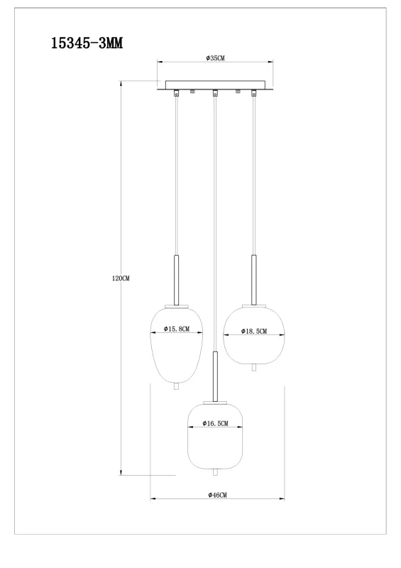 Blacky Ø46 Messing Taklampe Fra Globo Lighting - Den best&aring;r av en rund m&auml;ssingsf&auml;rgad metallplatta, fr&aring;n vilken tre svarta kablar med r&ouml;kf&auml;rgade glasglober i olika former h&auml;nger.