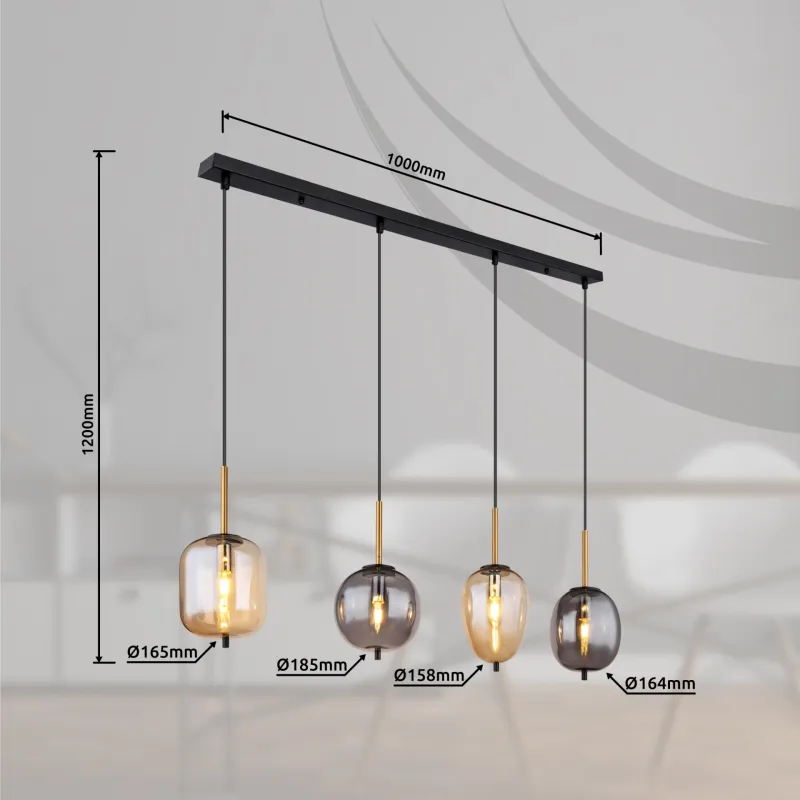 Blacky 110cm Rav Taklampe Fra Globo Lighting - De fyra r&ouml;k- och amberf&auml;rgade glasgloberna i olika former h&auml;nger fr&aring;n en svart, rektangul&auml;r takplatta och kan justeras upp till 120 cm fr&aring;n taket.