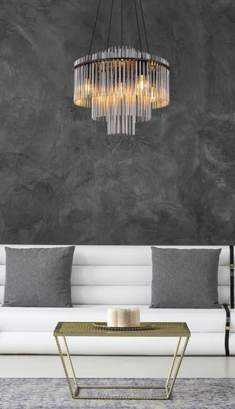 Gorley Ø50 Røykfarget Taklampe Fra Globo Lighting - Med sin runda form och sk&auml;rm av r&ouml;kf&auml;rgade glasstavar skapar den en sofistikerad ljusbild och en st&auml;mningsfull atmosf&auml;r.