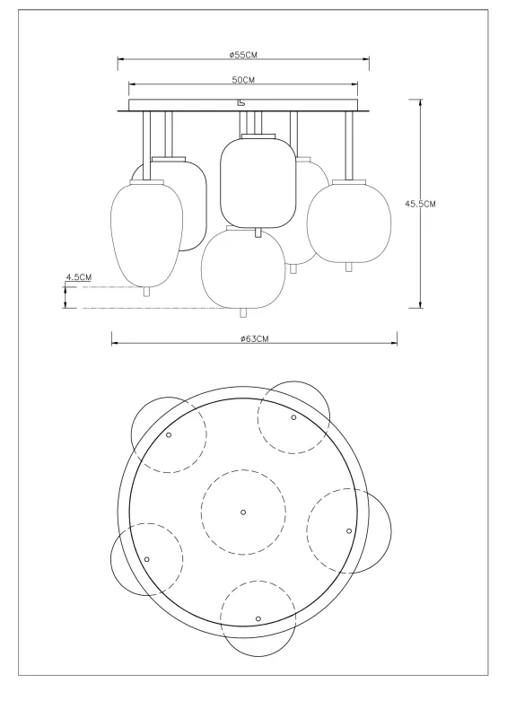 Blacky Ø63 Svart plafond Fra Globo Lighting - Lampan &auml;r utrustad med 6st r&ouml;kf&auml;rgade glaskupor i olika former, som h&auml;nger fr&aring;n taket p&aring; mattsvarta st&auml;nger f&auml;sta vid en matchande bas.