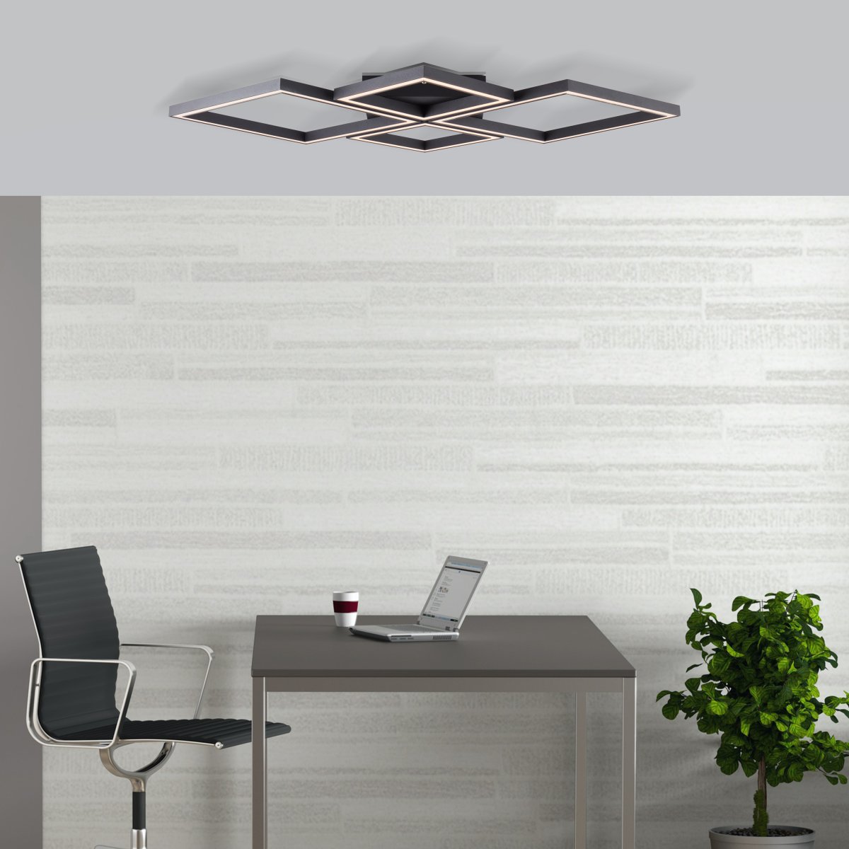 Quon 86cm Svart plafond Fra Brilliant - Denne energieffektive LED-taklampen skaper en behagelig atmosfære med sitt varmhvite lys og er utstyrt med en fjernkontroll som gjør det mulig å justere lysstyrken trinnløst.
